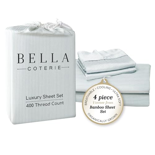 Image of Bella Coterie Luxury Bamboo Viscose Queen Size Sheet Set | 100% Organically Grown | Ultra Soft | Cooling for Hot Sleepers | 18 inch Deep Pocket [Striped Coastal Blue]