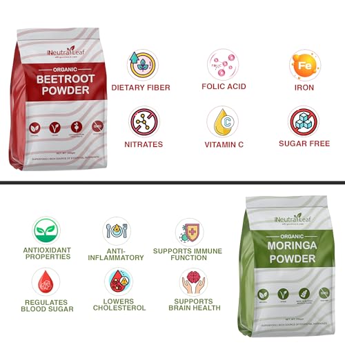Image of NeutraLeaf Organic Moringa Powder 200g + Beetroot Powder 200g Combo for Men & Women | 100% Pure Superfood | Supports Immunity, Energy, Digestion, Heart Health | 67 Servings Each Pack