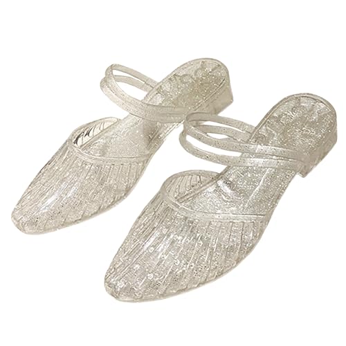 Women's Closed Pointed Toe Chunky Heel Jelly Mules Glitter Clear Slip On Hollow Out Low Heel Slide Sandals Soft Non-Slip Transparent Jelly Shoes (White,8)