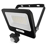 EMOS - LED Aluminium-Strahler GLARO 30 W mit Sensor - IP54 wasserdicht für Feuchtraum und Außen - superhell 3 000 lm, Neutralweiß 4 000 K, Lebensdauer 20 000 h - 20 cm Gummi-Anschlusskabel - schwarz