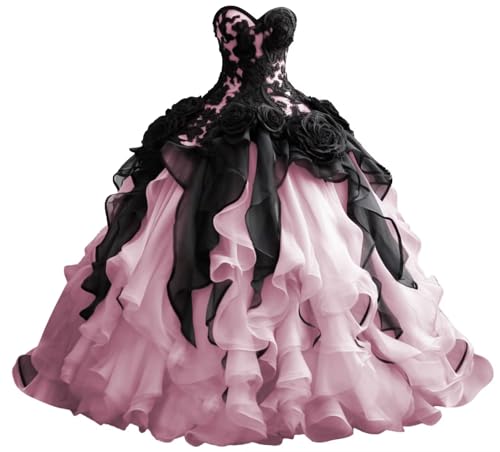 Mouccy Gothic Organza Quinceanera Dresses with Ruffles Black Lace Wedding Dresses for Bride Vintage Layered Puffy Ball Gown3