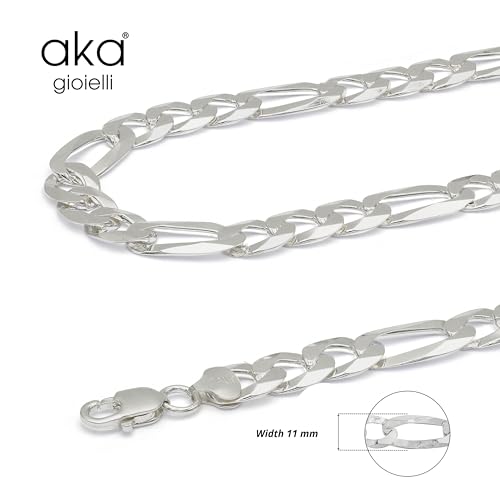 Aka Gioielli - Italian 925 Sterling Silver 11mm Diamond-Cut Figaro Link Chain - Solid Sterling Silver Necklace for Men and Women - Made in Italy2