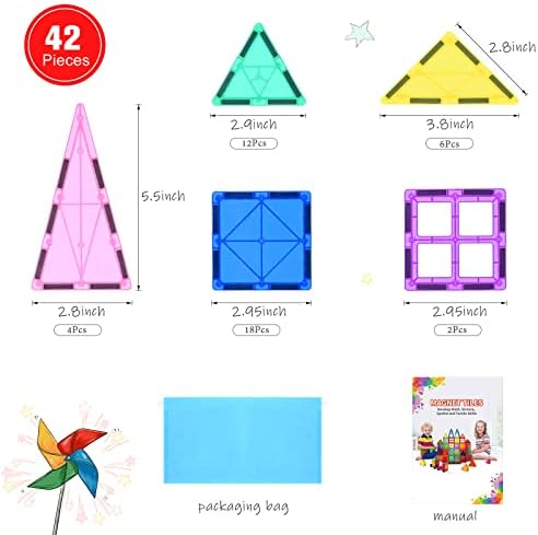 Magnetic Building Blocks Tiles 42PCS 3D Stronger Magnetic Construction Toys for Kids STEM Creativity Educational Toys Gifts for 3+ Year Olds (42 PCS)