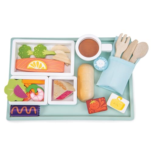 Tender Leaf Toys - Airline Meal Tray - Wood Pretend Play Food Set for Imaginary Travel - Includes 3-Course Plane Meal, Accessories and Passport - Encourages Imaginative Play, Language Skills - Age 3+