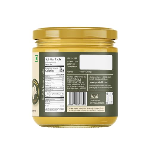 Image of Praakritik Natural Desi A2 Gir Cow Ghee 500ml - 100% Pure - Prepared by Traditional Bilona Method - Vedic Cultured Grassfed - Vegetarian GMO Free Lactose Free - Cow Ghee 500 ml (Pack of 3)