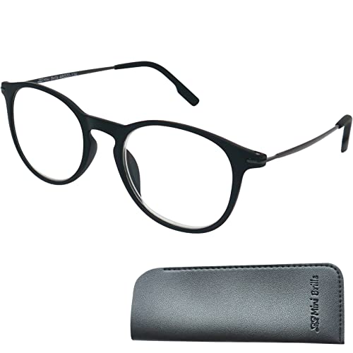 Mini Brille, Nerd Reading Glasses with Large Round Lenses, FREE Pouch, Plastic Frame with Metal Temples (Black)