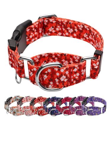 JOOCPUP Martingale Collar for Dogs with TAG Ring Adjustable Soft Nylon Dog Collars with Buckle Heavy Duty for Small Medium & Large Dogs (Red Flower L)