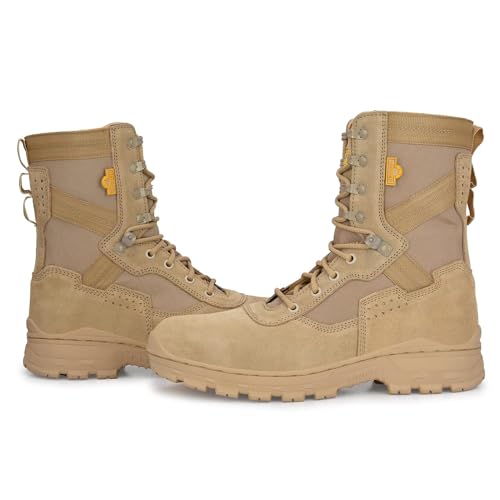 Alpha Aerolite 8.0 Suede Side Zip Leather Military & Tactical Work Boots with Side Zipper 8 Inch Combat Boots, Lightweight Comfortable Shoes, Durable & Breathable, Motorbike Boot -Beige, 6 US3