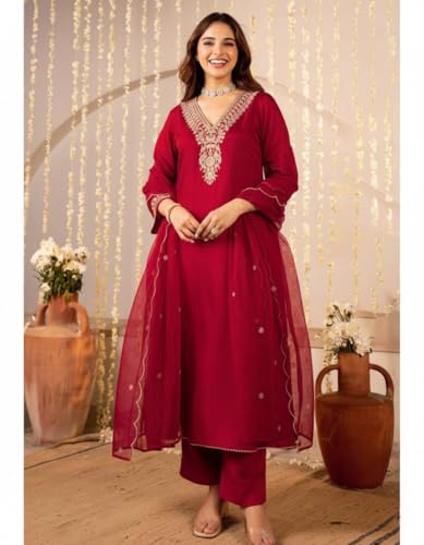 Image of Nermosa Women Embroidery Solid Anarkali Kurta and Pant Set with Dupattas