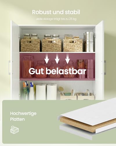 VASAGLE Mehrzweckschrank, mit 4 Türen, 5 Ablagen, Büroschrank, Aufbewahrungsschrank, Kleiderschrank, mit Griffen, Holzspanplatte, 80 x 40 x 180 cm, schneeweiß OFC083WE01