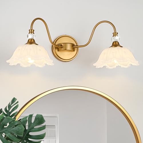 Image of Vintage Bathroom Vanity Light, 2-Light Matte Brass Finish Vanity Light with Floral White Glass Shades, Retro Wall Sconce for Bathroom, Dressing Table