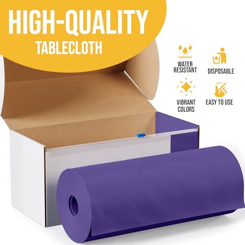 Image of Exquisite Party Solids 54 Inch X 100 Feet Purple Plastic Table Cover Roll in A Cut - to - Size Box with Convenient Slide Cutter. Cuts Up to 12 Rectangle 8 Feet Plastic Disposable Tablecloths