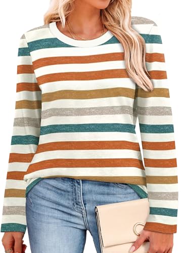 WIHOLL Womens Long Sleeve Shirts 2025 Striped Color Block Tops Fall Fashion Clothing Ribbed Crewneck Tee Blouses