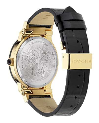 Versace Greca Logo Moonphase Collection Luxury Womens Watch Timepieces with a Black Strap and Dial Featuring a Gold Case3