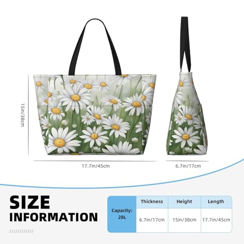 White Daisy Print Waterproof Beach Bag For Womentote Bag Zipper And Pockets For Travel Vacation4