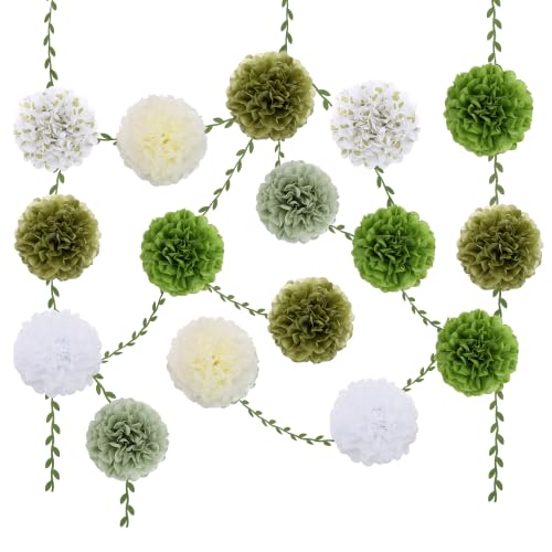 BestoFun 16 PCS Sage Green Tissue Paper Pom Pom Garland, Flower Garland, Natural Theme Party Decorations for Wedding Baby Shower Birthday Bridal Shower Spring Summer Event Deco