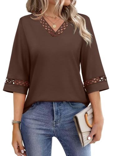 Image of WIHOLL Womens Tops Eyelet Lace V Neck 3 /4 Bell Sleeve Blouses Dressy Casual Work Shirt 2026 Summer Fall Fashion Clothing