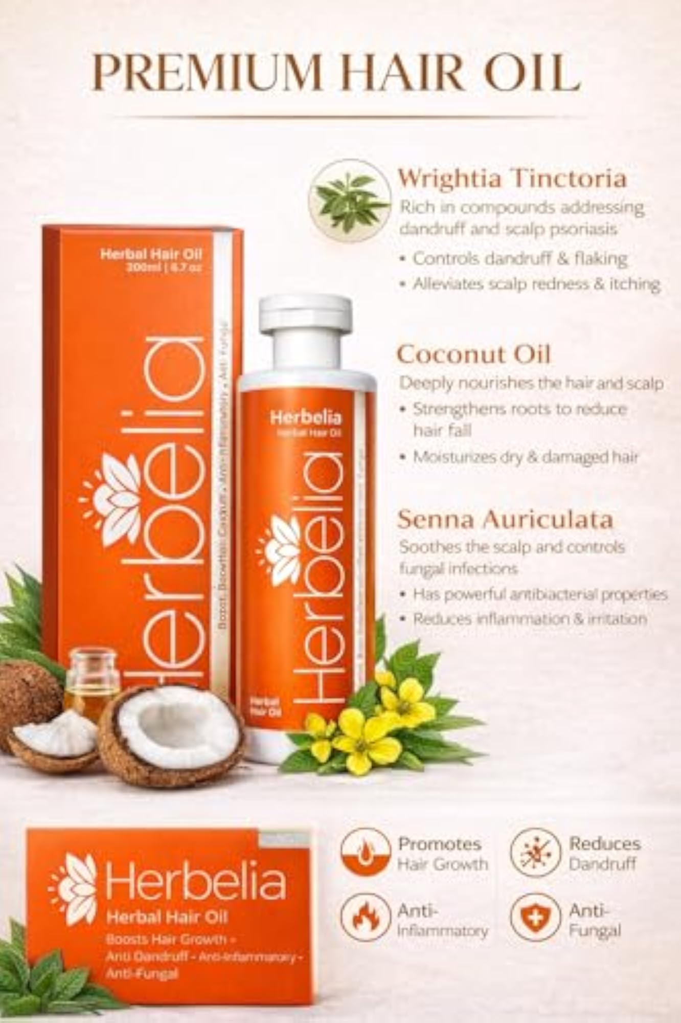 Herbal Hair Oil with Wrightia Tinctoria & Coconut Oil, 200ml