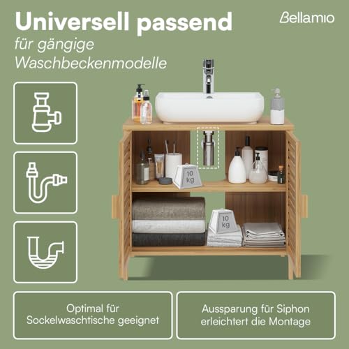 Bellamio Newa Waschbeckenunterschrank Bambus – Badezimmer Unterschrank für Waschbecken mit 2 Türen – Badunterschrank mit 2 Fächern – Waschtischunterschrank Bad 60x65x33 cm