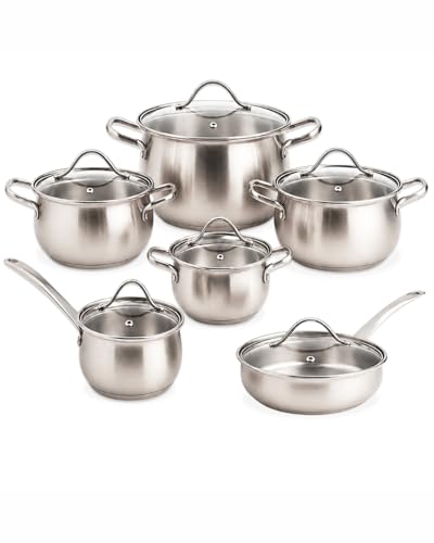 Juego de cacerolas de inducción 12 piezas de acero inoxidable 18/10 – BAVARY Apple – Juego de cocina con ollas, tapas de vidrio, cacerola y sartén – Base de cápsula, tamaño de distribución, apilable