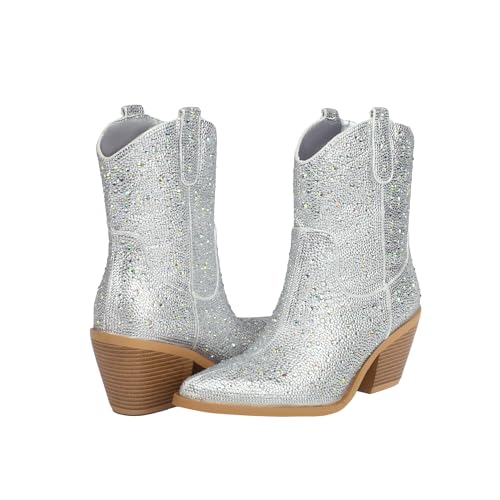 vivianly Rhinestone Cowboy Boots for Women Western Glitter Ankle Boots Cowgirl Boots, Women's Mid Calf Sparkling Diamond Boots Pointed Toe Chunky Heel Boots3