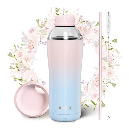 Allcho Insulated Water Bottle for Women, 18 oz Stainless Steel Water Bottles, Double Walled, 2 Lids (Chug & Tumbler) - Hydrate & Caffeinate, Gifts