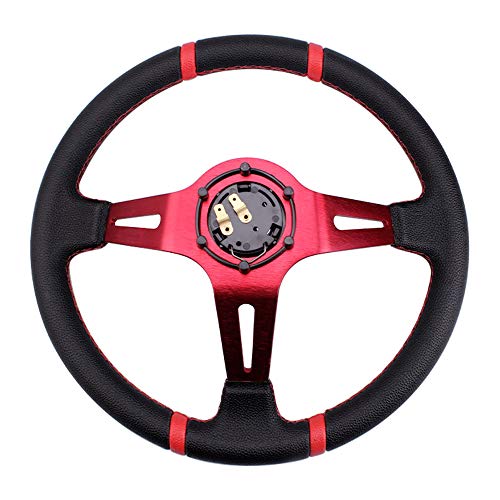 Rastp Universal Racing Steering Wheel,Deep Dish Steering Wheel Leather Embroidery 13.58”/345Mm 6 Bolts With Horn Button Include Cable, Wrench,Red #TOP1