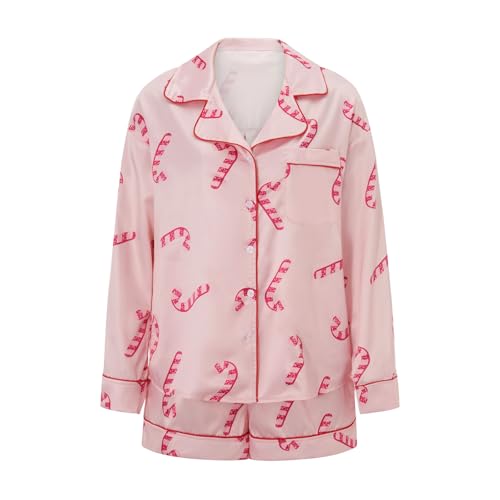 Luckinbaby Women Satin Christmas Pajamas Shorts Set Candycane 2 Piece Button Down Lounge Set Long Sleeve Shirt Shorts Sleepwear(Candy Pink,Small) - image 4