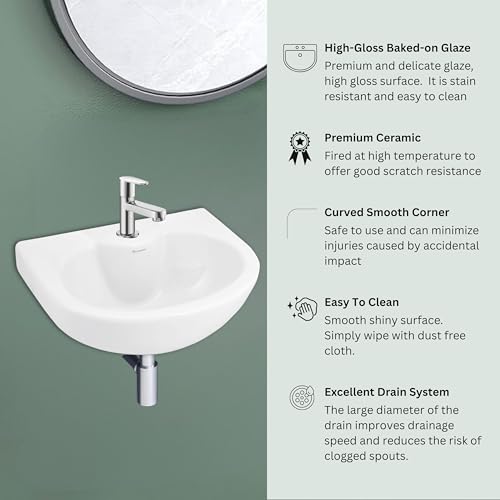Image of PARRYWARE TAPTI Series Wall Mounted WASH Basin (White) with Faucet Hole | 450x330x210mm, Semi Circle | Ceramic Basin /Sink for Bathroom, Living Room | NOT Table /Counter Top | C04901C