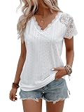 SweatyRocks Women's Floral Lace Short Sleeve Raglan Top Casual V Neck Pullover Plain Tee Shirt White S