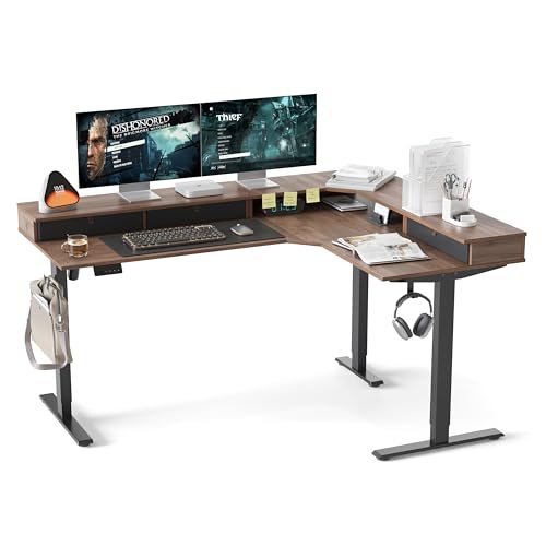 Image of CubiCubi L Shaped Standing Desk with Drawers 63 x 48 Inch Adjustable Height, Electric Corner Desk with Storage, Sit Stand Home Office Desk with Splice Board, Black Walnut