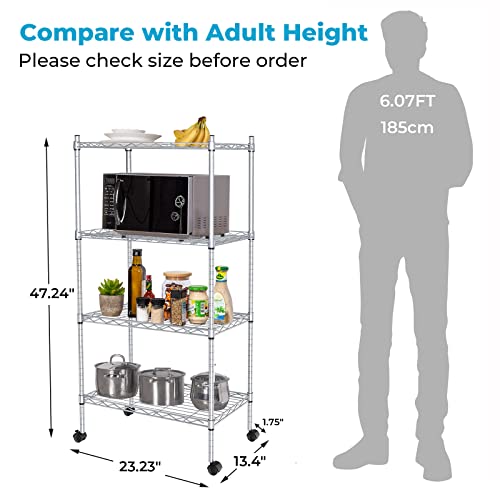 Js Hanger Wire Shelving Unit, 4-Tier Heavy Duty Height Adjustable Rolling Metal Shelves For Storage, 440 Lbs Capacity, 23.23''W X 13.4''D X 47.24''H, Silver #TOP2