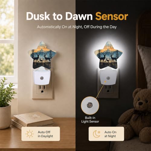 Image of Rustic Woodland Deer Plug in Star Night Light, Night Light with Sensor for Kids Nursery Bedroom, Decorative Soft Glow Lamp for Hallway Bathroom, Energy Saving