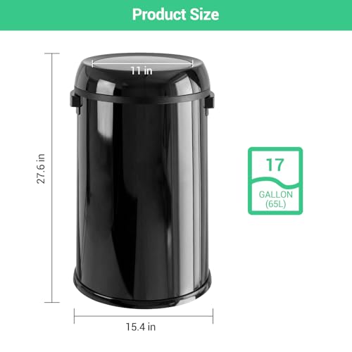 Image of Garvee 17 Gal /65 L Round Trash Can, Stainless Steel Swing Top Garbage Can for Kitchen, Heavy Duty Commercial Trash Bin with Swing Lid for Restaurant Home Office, Gloss Black