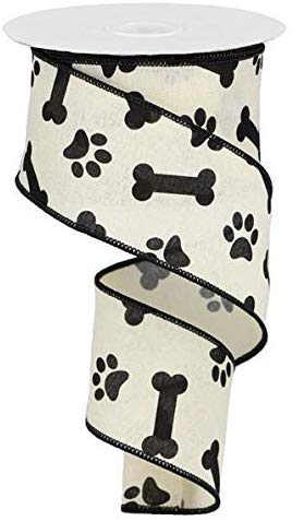 Paw Print & Dog Bone Wired Edge Ribbon, 10 Yards (Cream, Black, 2.5 Inch)