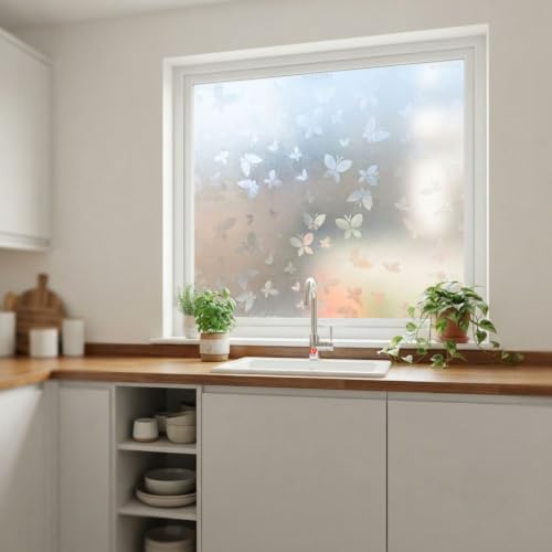 Image of WISDOM Butterfly Frosted Window Privacy Film Self-Adhesive Decorative Glass Film UV Blocking Heat Control Removable No Glue Window Covering for Home, Office, Bathroom 16x36
