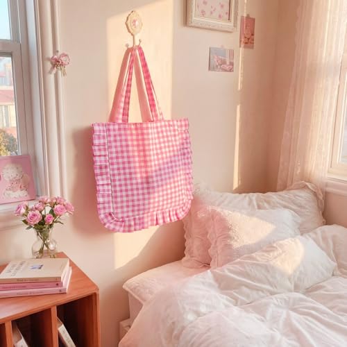 Bolso Tote Grande Rosa con Volantes y Cuadros miniatura 6