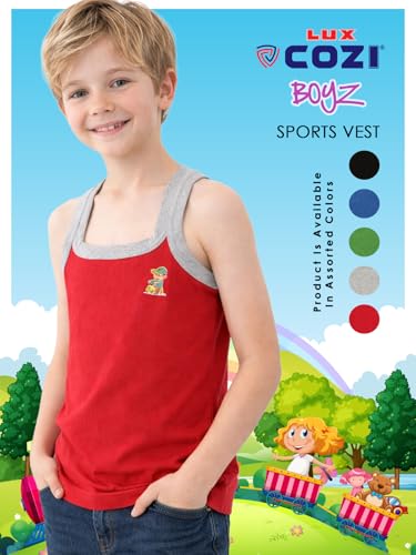 Image of Lux Cozi Sleeveless Gym Vest for Boys | 100% Cotton Material | Round Neck, Regular Fit | Pack of 4 | Color and Print May Vary