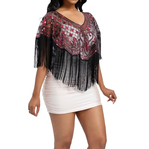 Women's 1920s Sequin Shawl Wraps Fringe Capelet Shawls Gatsby Accessories for Harlem Night3