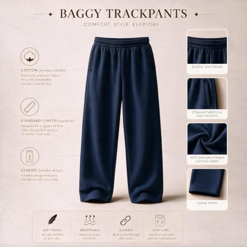 Image of MARK LOUIIS Men's Baggy Trackpants | Regular Fit Cotton Sweatpants with Drawstring Waist & Side Zipper Pockets | Oversized Casual Track Pants for Gym