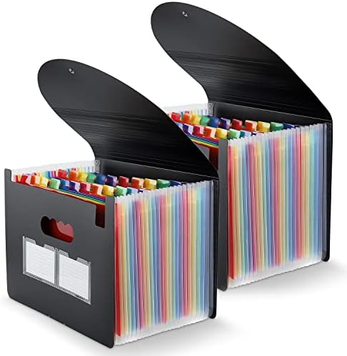 2 Pack Expanding File Folder, 24 Pocket Accordian File Organizer A4 Letter Size Portable Document Organizer with Colored Tabs, Expandable Desktop Accordion Folder