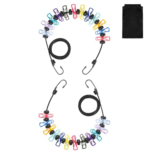 2 Piezas Tendedero de Viaje, Cuerda para Ropa Retráctil con 12 Pinzas para la Ropa y 13 Hebillas de Posicionamiento y Dos Bolsas no Tejidas, para Camping Senderismo Playa Viajes y Uso(1,8 m - 3,6 m)