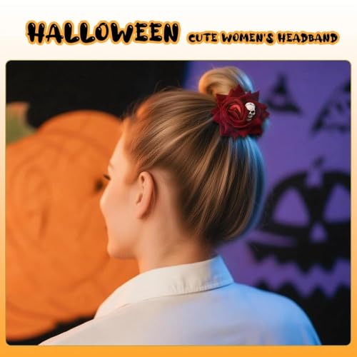 Pinza de cabello rosa Halloween con flores y calavera miniatura 7
