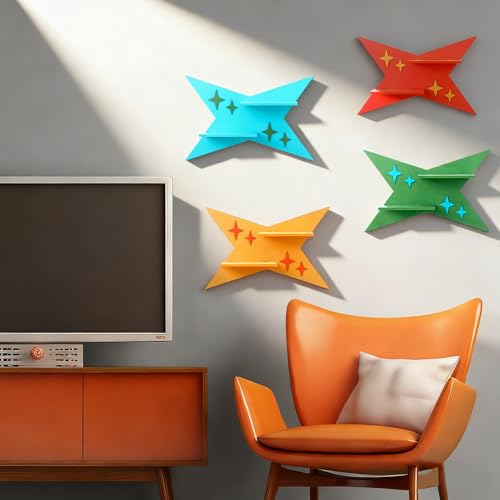 Image of Threehoney Mid-Century Modern Wall Set of 4 Colorful Floating Display Shelves Retro Style Starburst Wall Mounted Shelves Storage for Bedroom, Living Room Decor(Four-Pointed Star)
