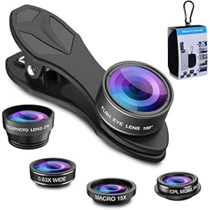 MIAO LAB 5 in 1 Phone Camera Lens Kit -0.63X Wide Angle Lens & 15X Macro Lens+190°Fisheye Lens/CPL + 2X Telephoto Lens Compatible with iPhone Samsung Sony and Most of Smartphone