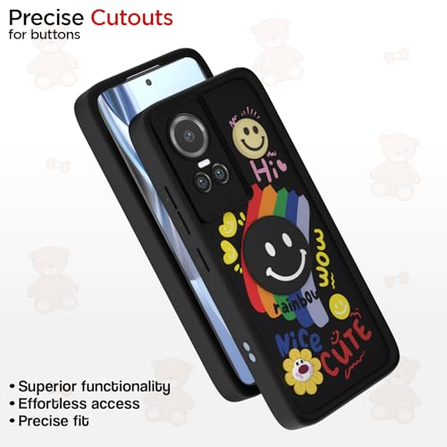Image of Pikkme Back Cover for Oppo Reno 10 5G | Soft Silicone| Cute Rainbow Smile & 3D Cartoon Flower Design | Shockproof Raised Camera Protection Bumper Case (Black)