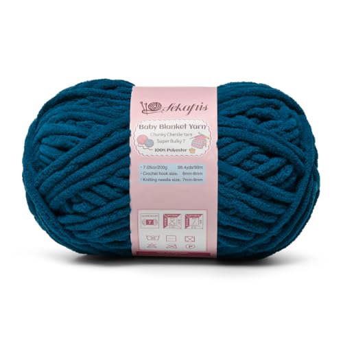 Image of Denim Blue 7.05 oz /98.4 yds Chunky Chenille Yarn for Crocheting, #7 Super Bulky Baby Blanket Yarn for Crocheting Soft, Fluffy Velvet Yarn for Knitting, Amigurumi Crochet Yarn for Crafts