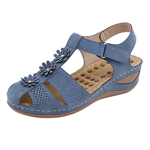 Sandalias de cuña para mujer, con plataforma y puntera cerrada, ajuste ancho, zapatos ortopédicos para mujer, alpargatas antideslizantes de verano, zapatos para caminar, informales, ligeras, Blue, 40