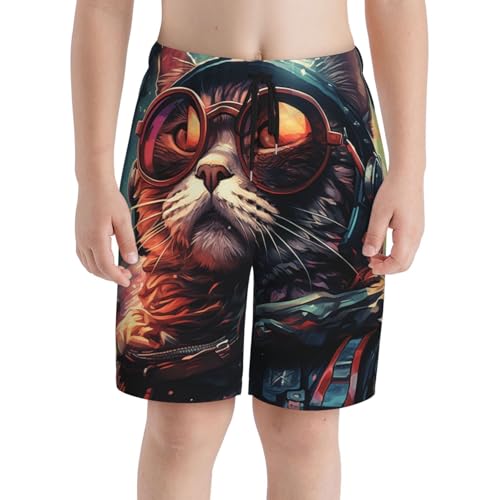 Boys Swim Trunks Beach Board Shorts Summer Bathing Suits Teen Kids, Space Laser Cat Cool Rainbow3