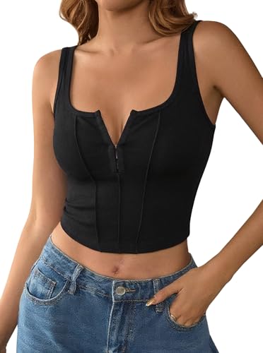 Hilinker Women Corset Crop Tank Tops Sexy Scoop Neck Front Clasp Sleeveless Cropped Shirts Black Large
